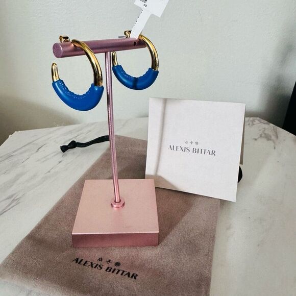 Alexis Bittar Retro Memphis 14K Yellow Goldplated Half-Hoop Earrings,‎ Blue, NWT - Picture 7 of 16